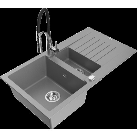 Mexen Matias 1.5-medencés gránit mosogató edényszárítóval és konyhai csapteleppel Aster, szürke - 6502-71-73450-07