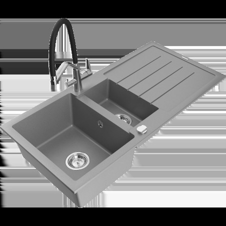 Mexen Andres 1.5-medencés gránit mosogató edényszárítóval és konyhai csapteleppel Duo, Szürke - 6515-71-671701-07