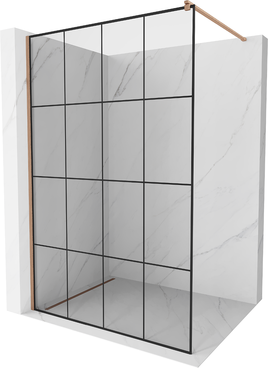 Mexen Kioto Walk-in zuhanyfal 150 x 200 cm, fekete mintázat 8 mm, kefélt réz - 800-150-101-65-77